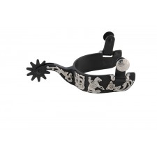 METALAB BLACK SATIN SPUR WITH FLORAL & REINER TRIM 1 1/4" BAND WITH 10 POINT ROWEL.
