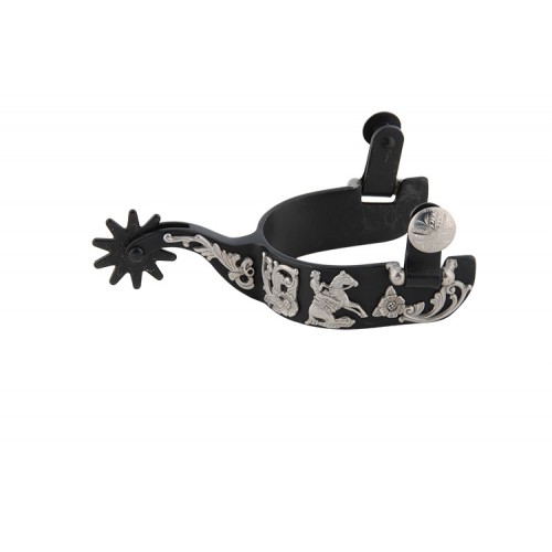 METALAB BLACK SATIN SPUR WITH FLORAL & REINER TRIM 1 1/4" BAND WITH 10 POINT ROWEL.